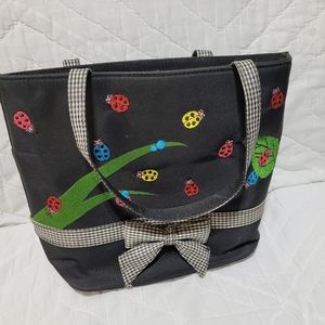 (3512-2)No name tag, Black bag, with lady bugs on front, cute bag,